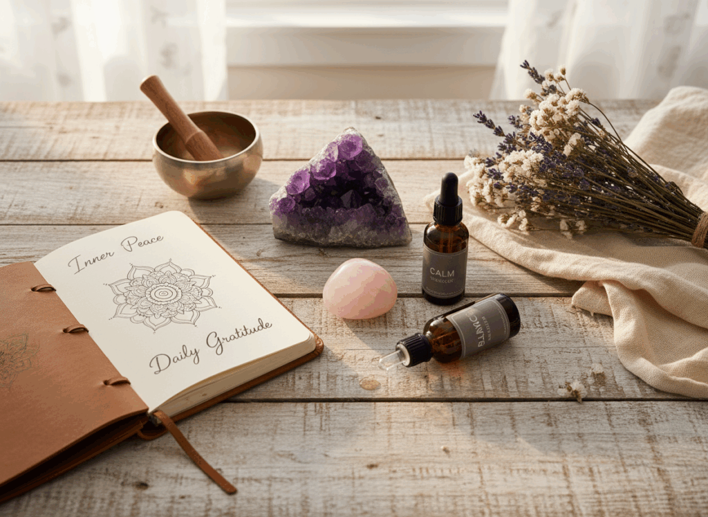 Firefly_Gemini Flash_crée moi une photo douce mêlant pierres naturelles, huiles essentielles, fleurs séché 933543